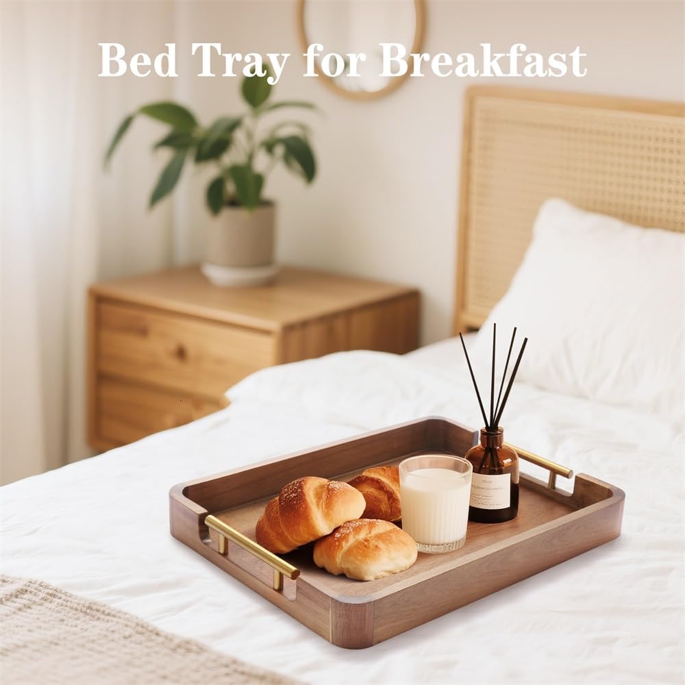 Acacia Wood Serving Tray with Handles, 17x13 Inch Ottoman Tray for Coffee Table,Candle Display,Breakfast in Bed