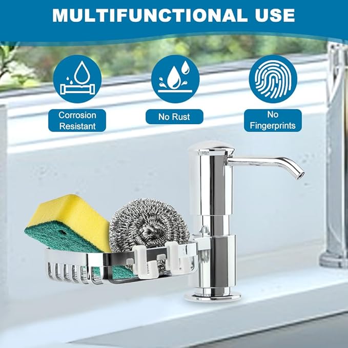 Soap Dispenser for Kitchen Sink, Built in Soap Dispenser Pump with Sponge Holder,Under Counter Brushed Nickel ABS Pump Head with 40" Extension Tube Kit(Silver)