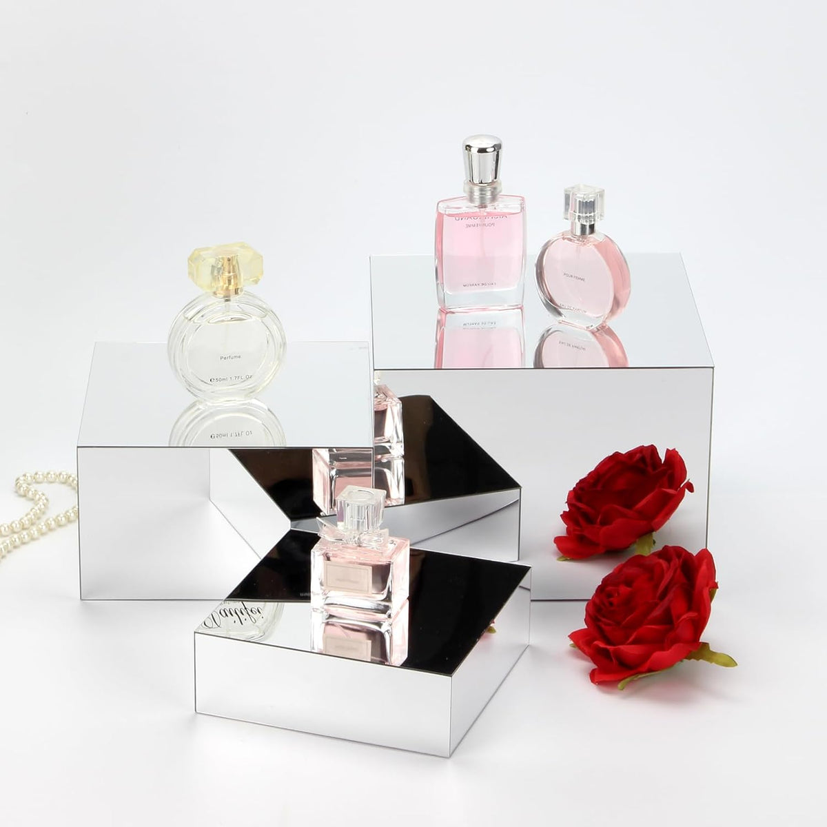 Acrylic Silver Mirror Display Riser, 3 Pcs Glossy Silver Risers for Display Food Display Lifter Nesting Display Risers Hollow Bottom