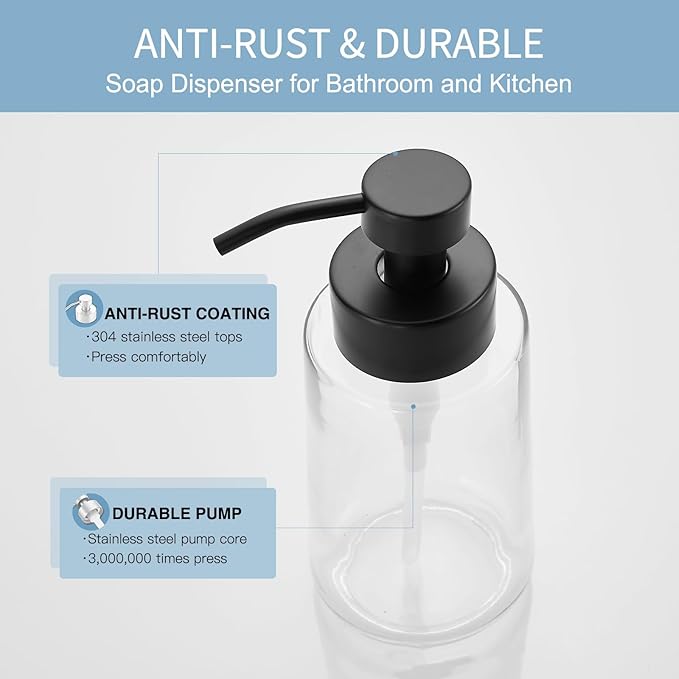 Soap Dispenser, Clear Glass Soap Dispenser with Rust Proof Pump, 16oz Liquid Soap Pump with Waterproof Labels, Dish & Hand Soap for Bathroom, Kitchen, Matte Black, Pack of 2