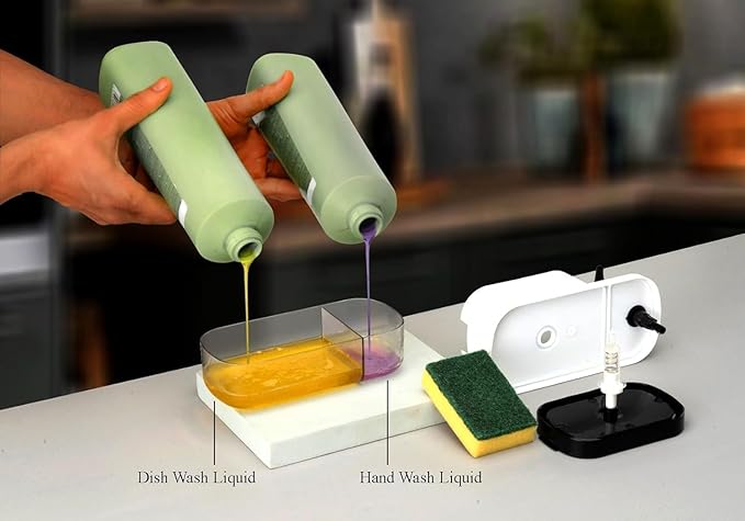 Plastic 3 in 1 Soap Pump Dispenser Dish Soap Liquid Dispenser Sponge Holder Dish Soap Pump Dispenser for Kitchen Sink Countertop Kitchen Bathroom (Multi-Color)
