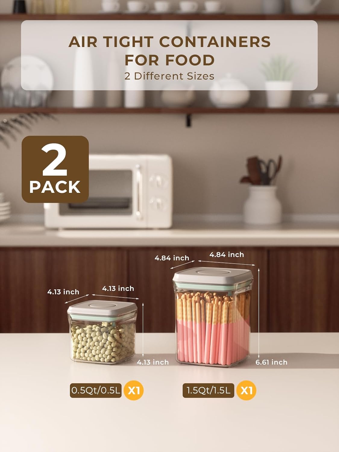 Pop Air Tight Containers Stackable- 2-Pack Cereal Storage Containers with Lids Airtight, Leakproof Pop Up Containers for Organizing, 1.5Qt & 0.5Qt