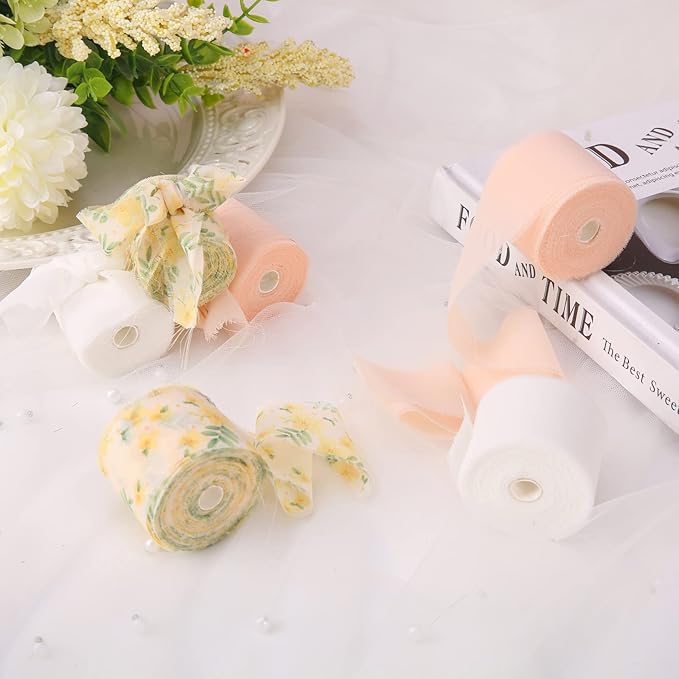 Handmade Fringe Floral Silk Chiffon Ribbons 1.5" x 7 Yards, 3 Rolls 21 Yards Nude Floral Ribbons Set for Wedding Invitations, Bridal Bouquets, Gifts Wrapping, DIY Crafts Decoration