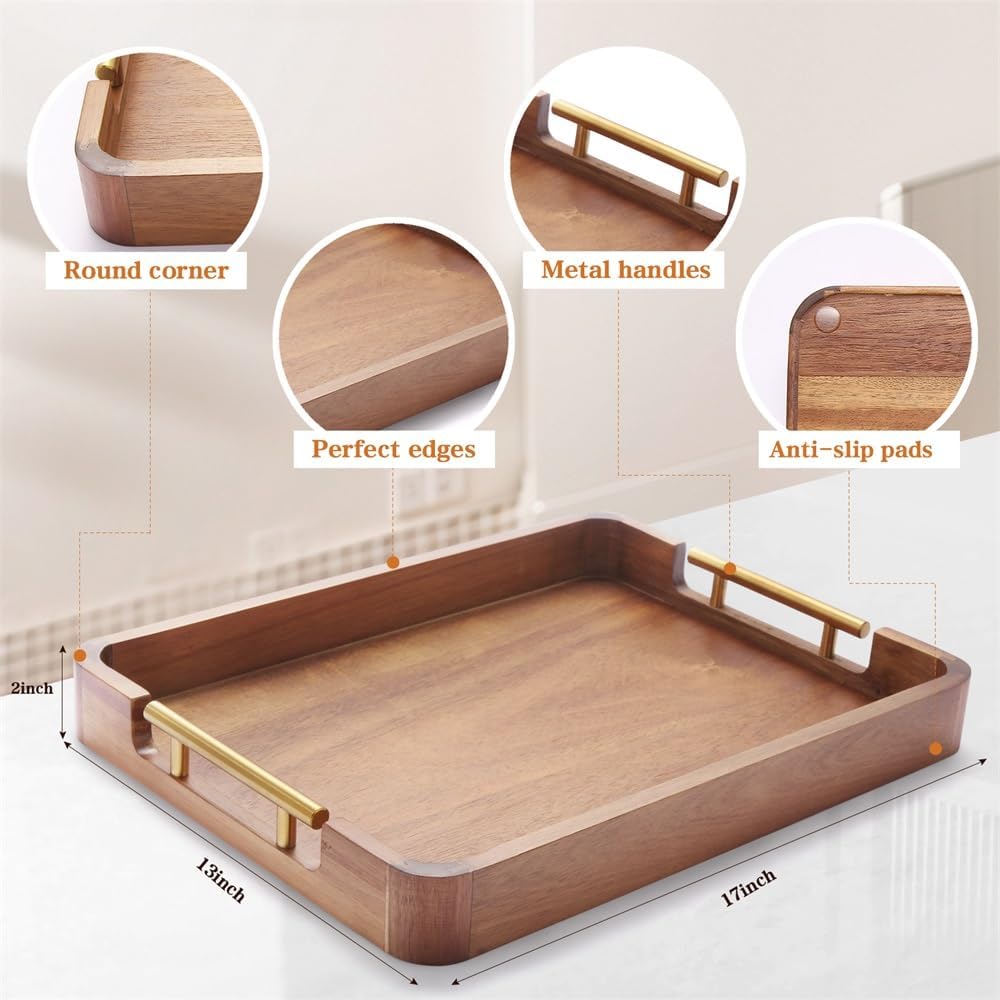 Acacia Wood Serving Tray with Handles, 17x13 Inch Ottoman Tray for Coffee Table,Candle Display,Breakfast in Bed