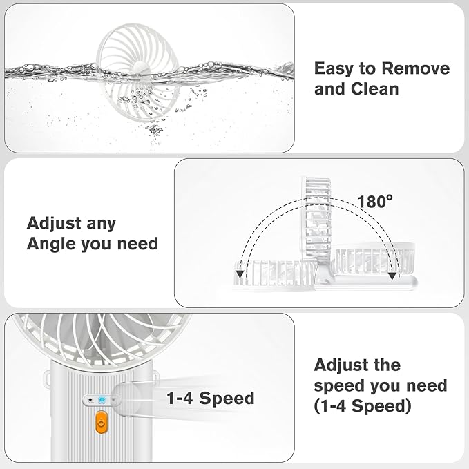 Portable Fan, 4-Speed,180° Foldable, Quiet Mini Small Cute Rechargeable Personal Handheld Fan, 15H Cooling for Women Men Kids Travel Indoor Outdoor Makeup (White)
