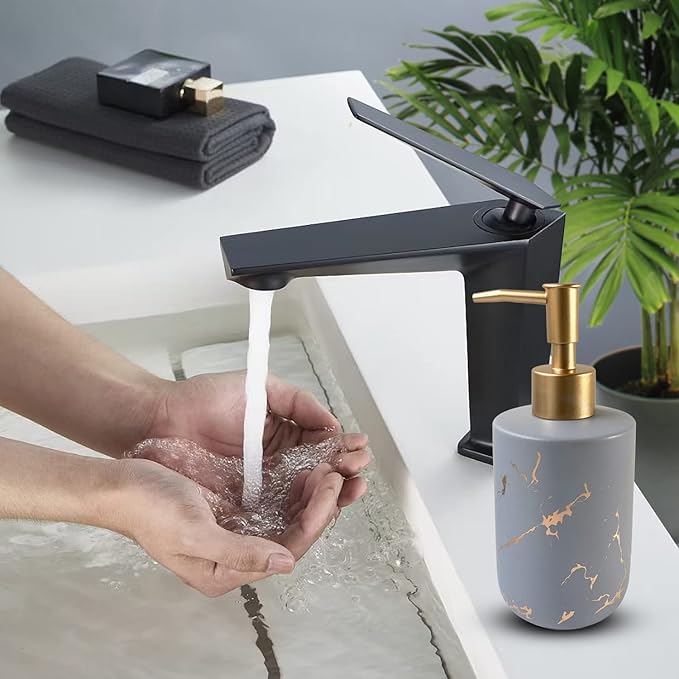 Gold Ceramic Soap Dispenser With Marble Pattern for Bathroom and Kitchen - Liquid Hand Pump Bottle (Grey)