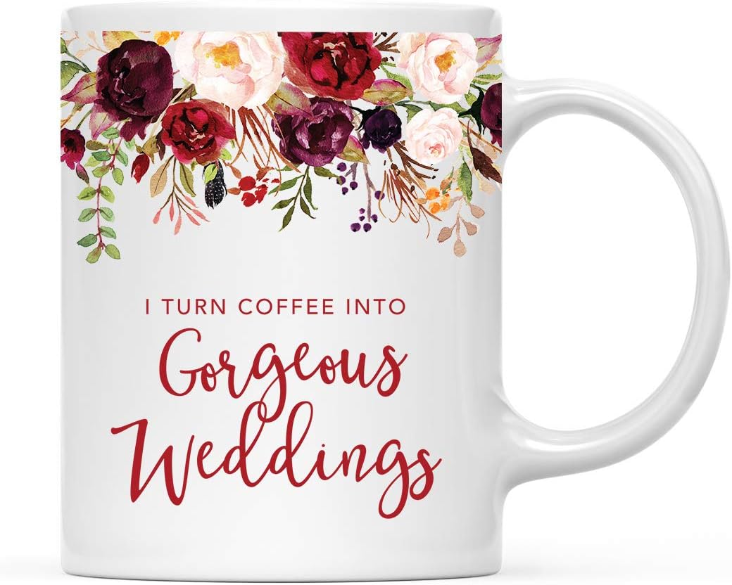 Andaz Press 11oz. Wedding Ceramic Coffee Tea Mug Gift for Wedding Planner, Fall Autumn Marsala Burgundy Flowers Roses Florals