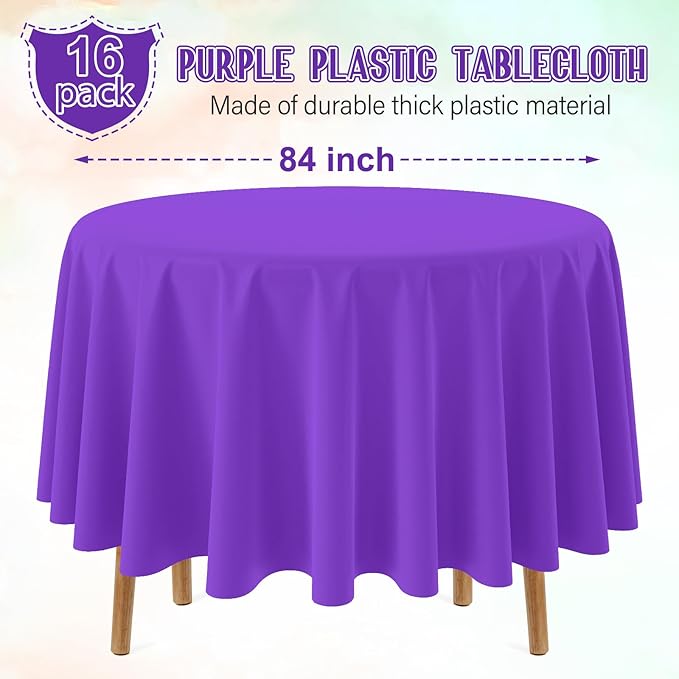 Ragnhild 16 Pack Purple Plastic Tablecloth for Round Tables, Premium Decorative Purple Disposable Table Cloths for Parties, Bulk Round Party Table Cover for Birthday Anniversary Graduation, 84 Inch