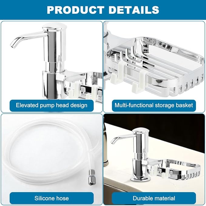 Soap Dispenser for Kitchen Sink, Built in Soap Dispenser Pump with Sponge Holder,Under Counter Brushed Nickel ABS Pump Head with 40" Extension Tube Kit(Silver)