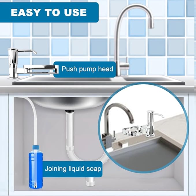 Soap Dispenser for Kitchen Sink, Built in Soap Dispenser Pump with Sponge Holder,Under Counter Brushed Nickel ABS Pump Head with 40" Extension Tube Kit(Silver)