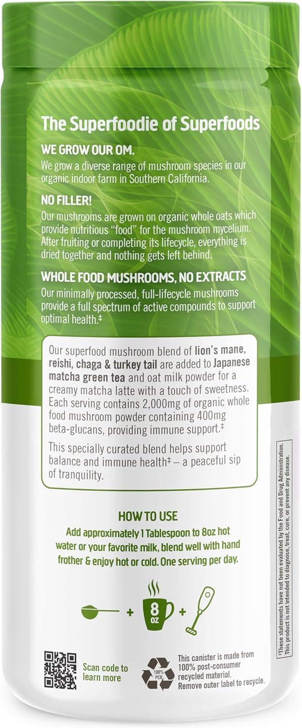 Om Mushroom Superfood Matcha Latte Blend Mushroom Powder, 8.47 Ounce Canister, 30 Servings, Green Tea, Lion's Mane, Reishi, Chaga, Turkey Tail
