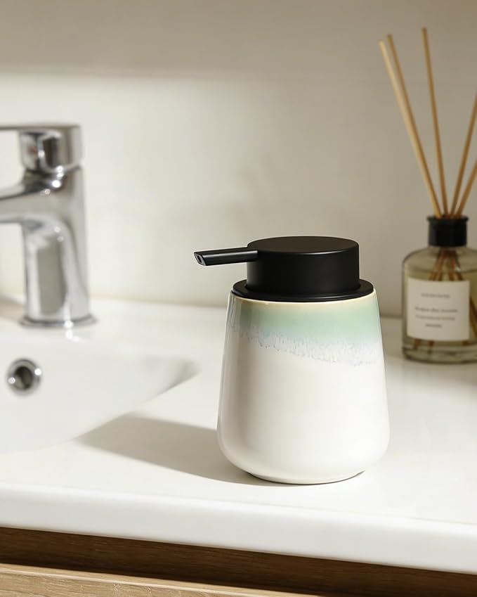Bosilunlife Ceramic Bathroom Soap Dispenser - 12Oz Bathroom Countertop Kitchen Dish Soap Pump Dispenser Liquid Soap Dispenser - Matte White with Blue-Green Rim