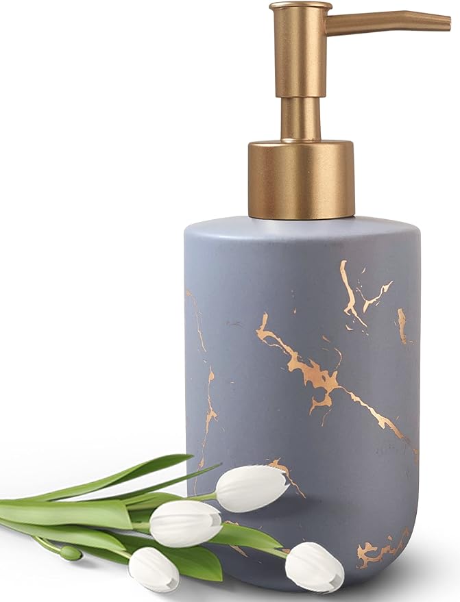Gold Ceramic Soap Dispenser With Marble Pattern for Bathroom and Kitchen - Liquid Hand Pump Bottle (Grey)