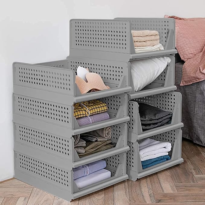 Stackable Wardrobe Organizer for Clothes - Multipurpose Foldable Plastic Closet Storage Cupboard for Home Kitchen, Bedroom (Pack of 5, Grey)