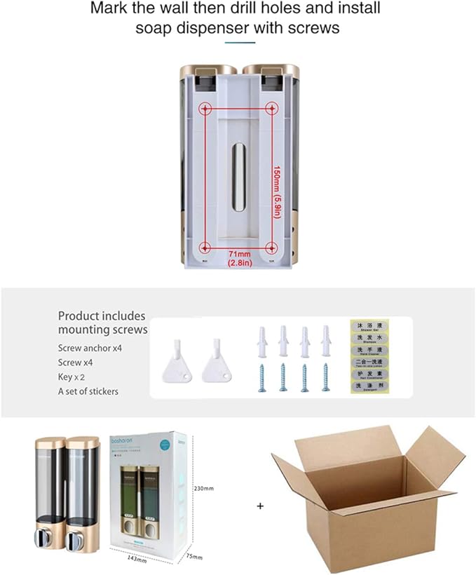 Soap Dispenser Shampoo Shower Dispenser Wall Mount 300mlx2 for Bathroom Hotel (Gold)
