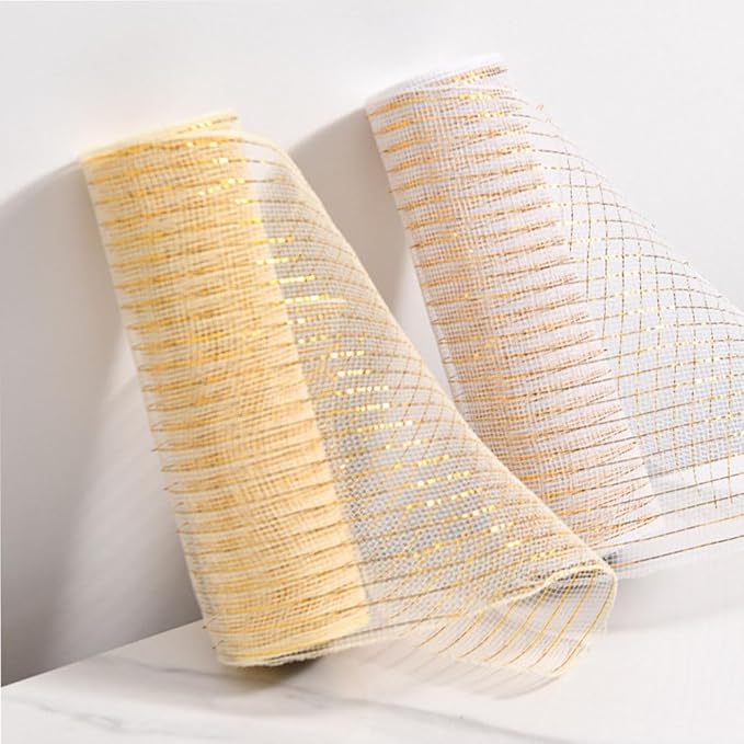 3 Rolls White Deco Mesh Ribbon for Wreath Making Supplies, 10 Inch x 30FT Metallic Foil Burlap Deco Mesh Fabric for DIY Crafts Christmas Tree New Year Wedding Wreath Swags and Decorating