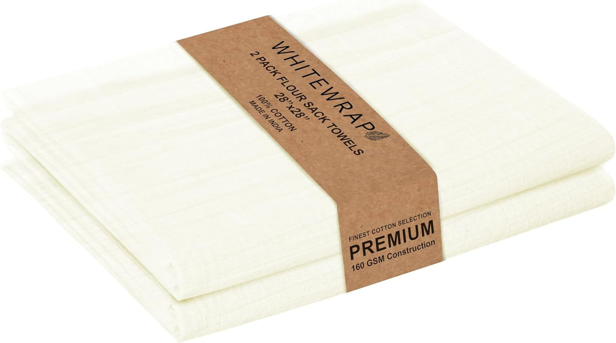 WHITEWRAP Flour Sack Towels| Tea Towel for Crafts| Kitchen Dish Cotton Blank Towel for Embroidery|Baking Bread Proofing Linen Cover| Thick Absorbent Quick Dry| 2 Pack 28"x28" Natural