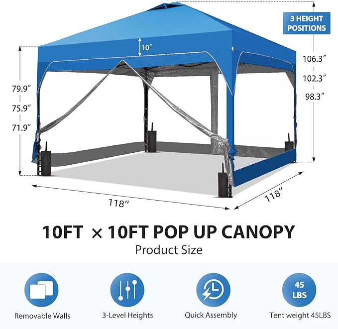 10x10 FT Pop Up Canopy with 4 Clear PVC Sidewalls, Instant 1-Button Push Canopy Tent for Outdoor Activities & Events