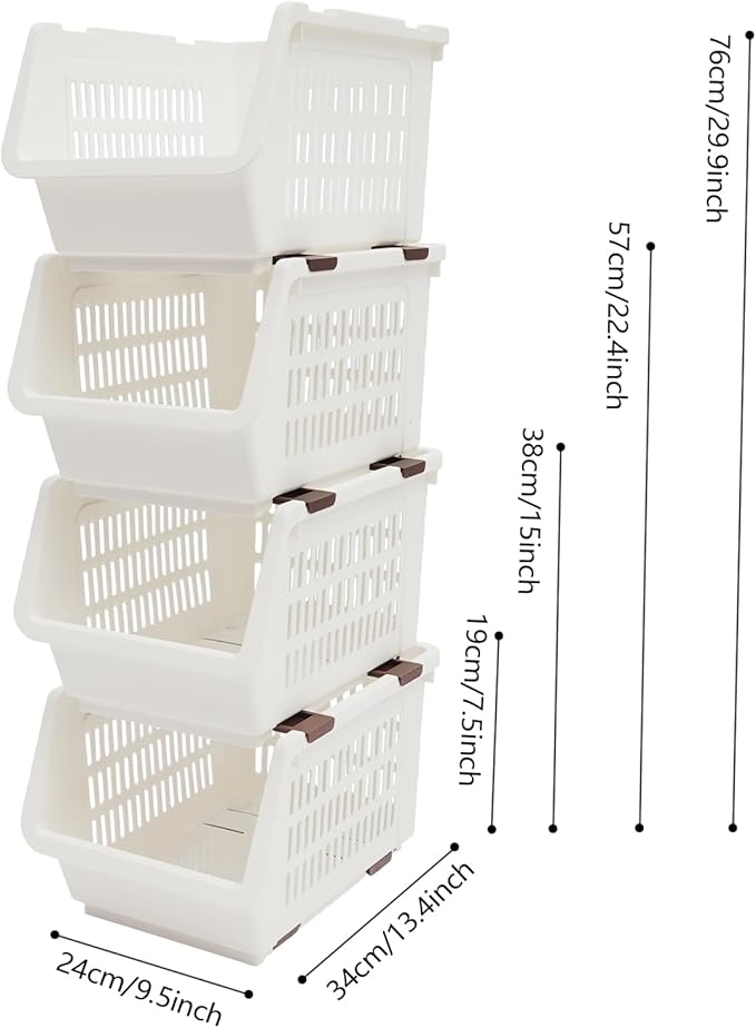 4-Pack Stackable Plastic Storage Baskets - Open Front Organizer Bins for Kitchen, Pantry, and Bathroom Essentials (White)