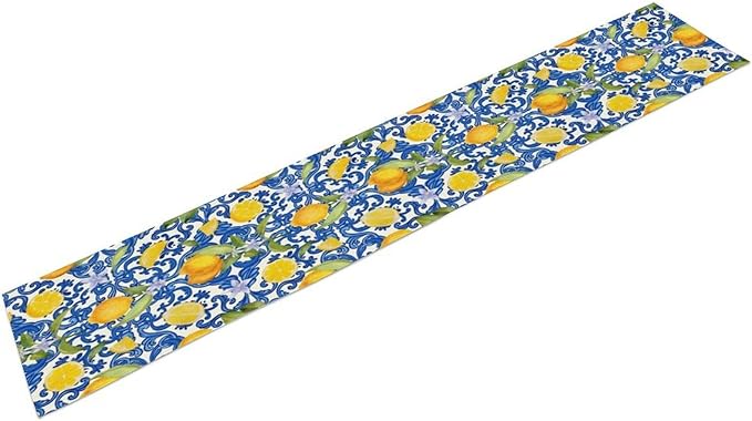 Rustic Lemon Table Runner,Vintage Morocco Blue Mediterranean Spring Summer Fruit Print Table Runner for Farmhouse Kitchen Dining Table Home Party Decor 13x36in