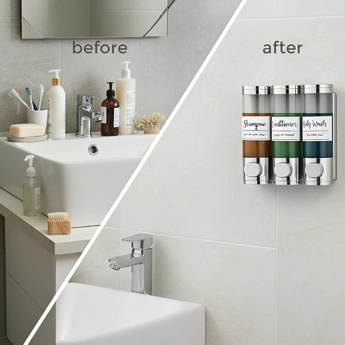 Soap Dispenser - 3 Chamber - 3x300ml - No Drill Wall Mount Bottles Organizer Toiletries for Cream Lotion Liquid Soaps Shampoo Conditioner Storage - Modern Essentials Bathroom Set - Chrome 1
