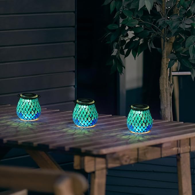 Starsoul 4 Pack Solar Lanterns Outdoor Waterproof, Elegant Blue Glass Mosaic Solar Lantern, Solar Hanging Lights Outside Patio Porch Yard Decor