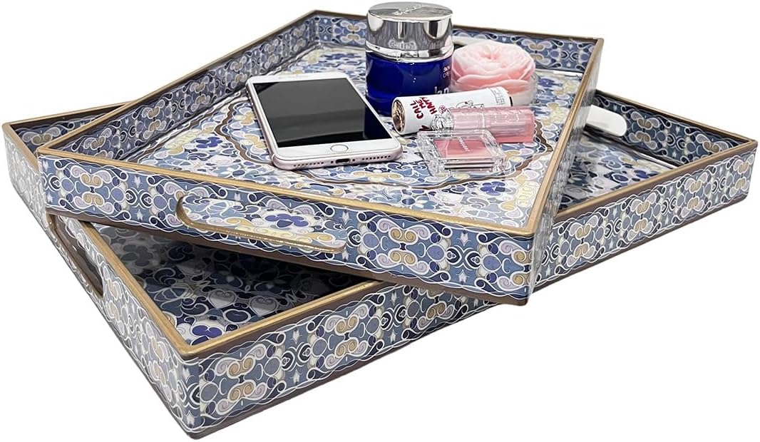 Boho Decorative Tray, Modern Blue Serving Tray with Handles, Ottoman Trays Set of 2, Plastic Coffee Table Tray for Living Room, Bathroom, Kitchen, Decor, Large 15.7”*11.8”, Small 13.7"*9.8"