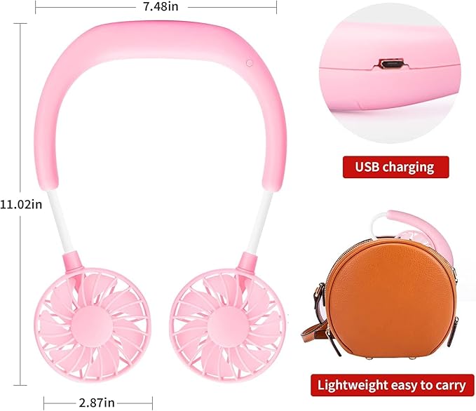JUANANIUG Portable Neck Fan Rechargeable Personal HandFree Fan Mini USB Wearable Neckband Sport Fan 3 Speed Adjustable 360 Degrees Rotation Perfect for Working Traveling Office Reading (Pink)