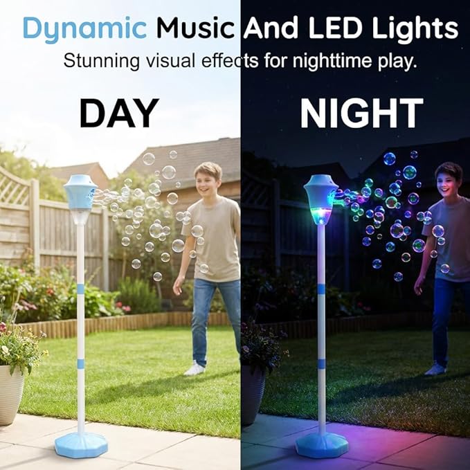 Standing Bubble Machine, Rechargeable Automatic Bubble Maker with Light Music, 3-Level Adjustable Heights, Detachable Bubble Wand for Outdoor Party Wedding and Event Decor (Red)