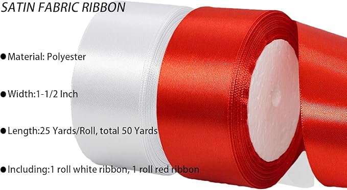 2 Rolls White Red Ribbon, 1-1/2 Inch x 50 Yards Satin Red White Fabric Ribbon for Flower Bouquets, Gift Wrapping, DIY Crafts, Birthday Cakes, Holiday, Wedding Party and Mother’s Day Decorations