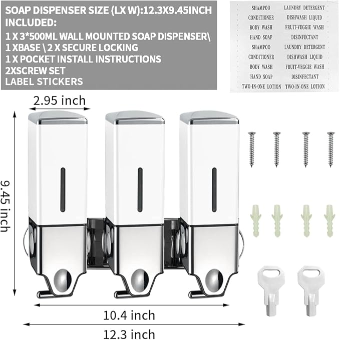 3 x 500ml per Cup Wall Mounted Manual Soap Dispenser for Home, Bath, Kitchen, Hotels, Restaurants. Shower and Lotion Dispenser(White)