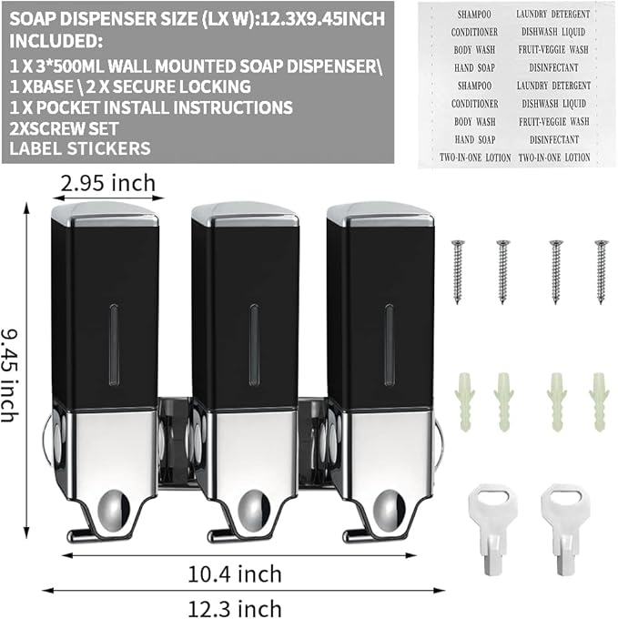 3 x 500ml per Cup Wall Mounted Manual Soap Dispenser for Home, Bath, Kitchen, Hotels, Restaurants. Shower and Lotion Dispenser (Black)
