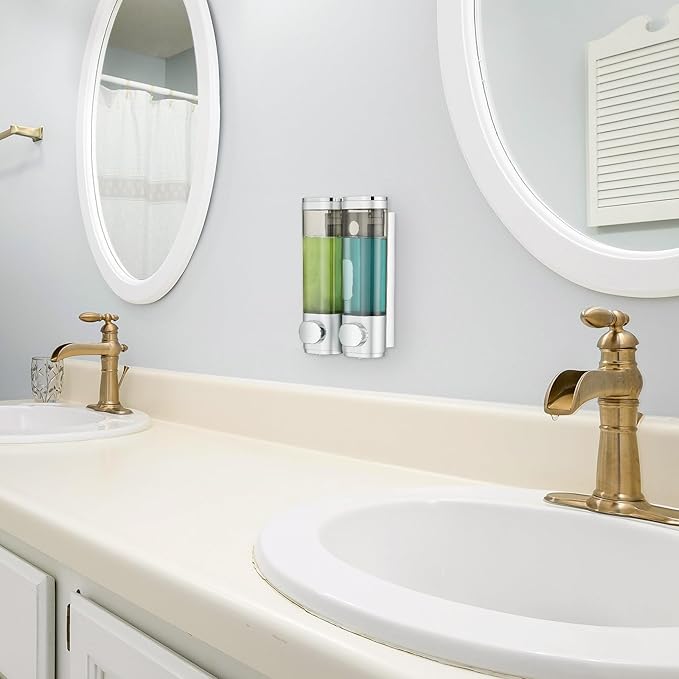 Pollock Shower Dispenser 2 Chamber No Drill Shampoo and Conditioner Dispenser for Bathroom, Large Capacity, Silver