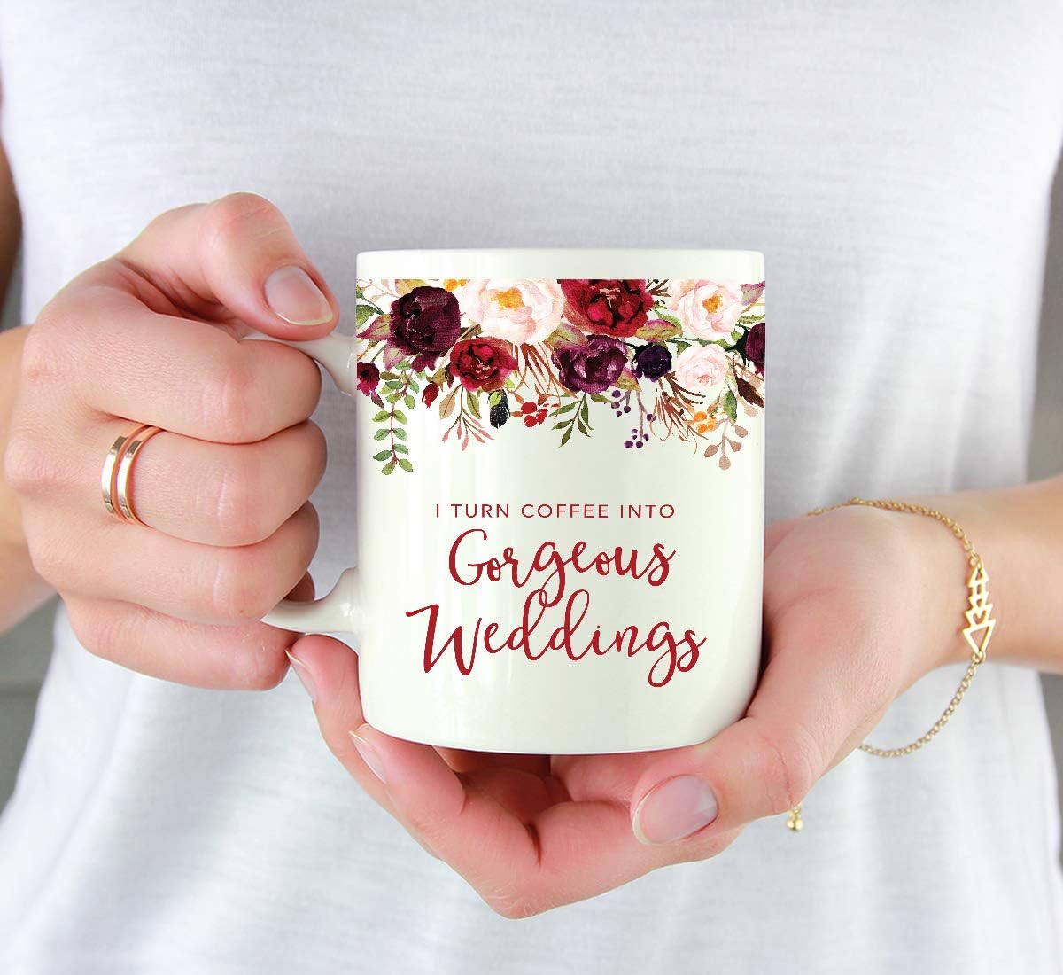 Andaz Press 11oz. Wedding Ceramic Coffee Tea Mug Gift for Wedding Planner, Fall Autumn Marsala Burgundy Flowers Roses Florals