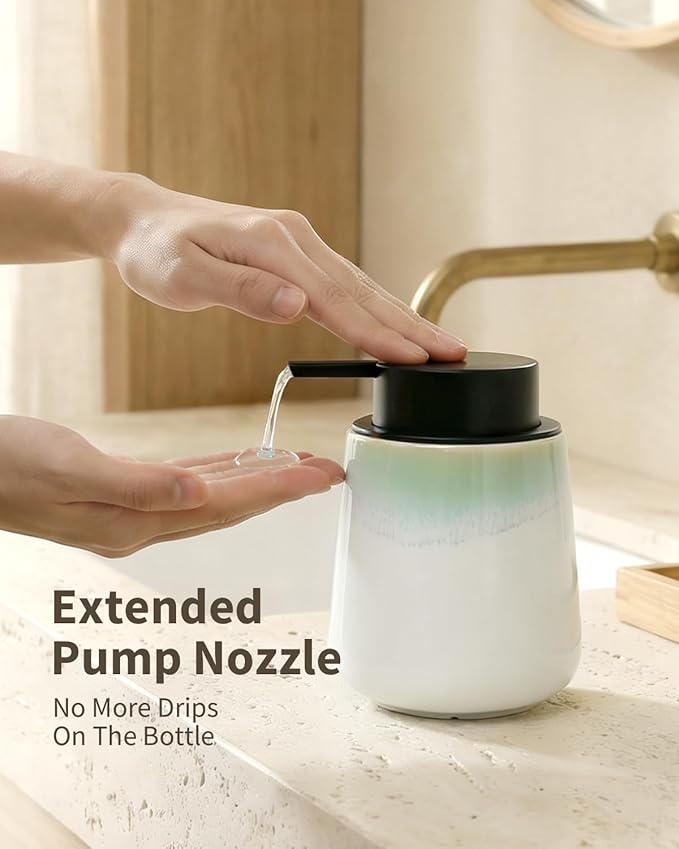 Bosilunlife Ceramic Bathroom Soap Dispenser - 12Oz Bathroom Countertop Kitchen Dish Soap Pump Dispenser Liquid Soap Dispenser - Matte White with Blue-Green Rim
