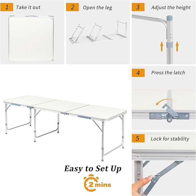 LeTinn 6FT Large Folding Camping Table, 3 Adjustable Heights Portable Aluminum Picnic Table – Heavy Duty Outdoor BBQ Table for 6-8 Person, White
