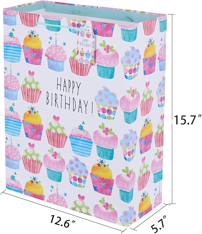 SUNCOLOR 16 Inch Extra Large Gift Bags for Birthday Party with Tissue Paper, 2 Pack Cupcake Design, 15.7x12.6x5.7 Inches