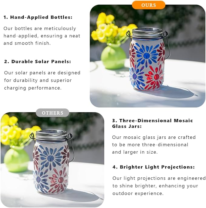 Starsoul Solar Lanterns Outdoor Waterproof, Mosaic Flowers Glass Solar Hanging Outdoor Lights, Decorative Solar Lantern for Outside Pathway Patio Porch Yard Decor