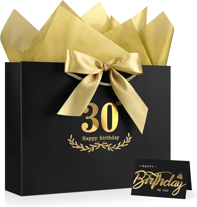 JMANNI Black Gold 30th Birthday Gift Bag with Card and Tissue Paper, 12.6"×9.84"×3.9" Elegant Present Bag for Adults, 30 Year Old Birthday Keepsake Party Supplies