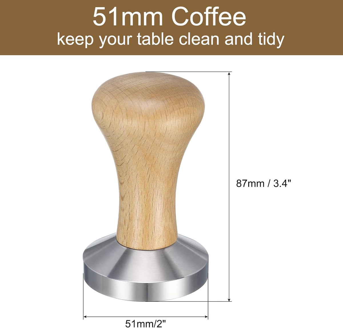 uxcell 51mm Espresso Tamper, Stainless Steel Press Tool Tamper with Wooden Handle, Espresso Accessories for Baristas, Home, Shops, Cafe (Flat Base