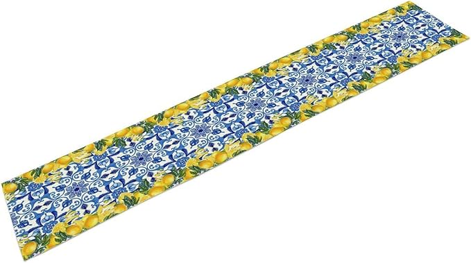 Blue Lemon Table Runner, Italy Tile Yellow Lemon Fruit Table Runners for Farmhouse Coffee Home Kitchen Dining Party Patio Indoor Outdoor 13x90in