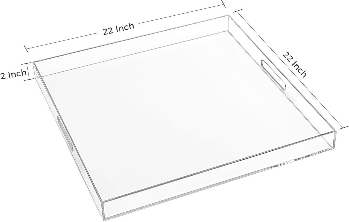 22×22 Inches Oversize Extra Large Sturdy Clear Acrylic Serving Tray King Size Decorative Big Ottoman Trays with Cut Out Handles Water Proof Bed Tray