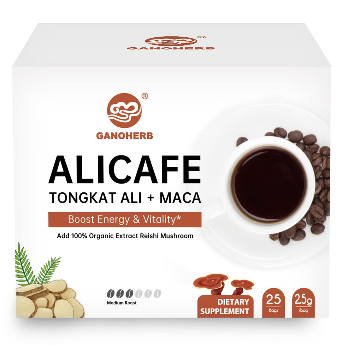 Ganoherb Maca Energy Coffee for Men, Women Herbal Coffee with Tongkat Ali, Maca Root, Reishi Mushroom Extract for Energy & Focus - 1 box (25 Packets)