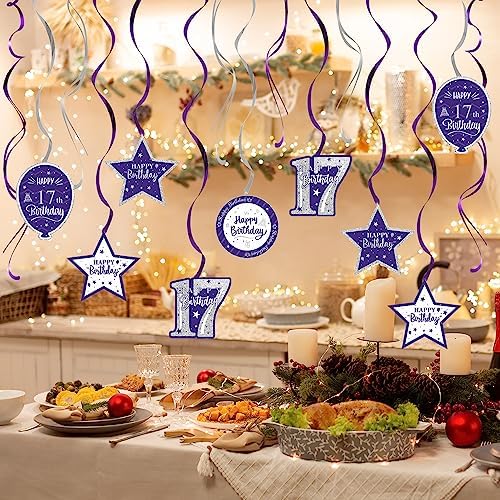 Happy 17th Birthday Purple & Silver Glitter Swirls Streamers Party Decorations - 15 Pcs 17th Birthday Hanging Swirls Streamers Kit,Cheers to Seventeen Years Old Bday Party Sign.