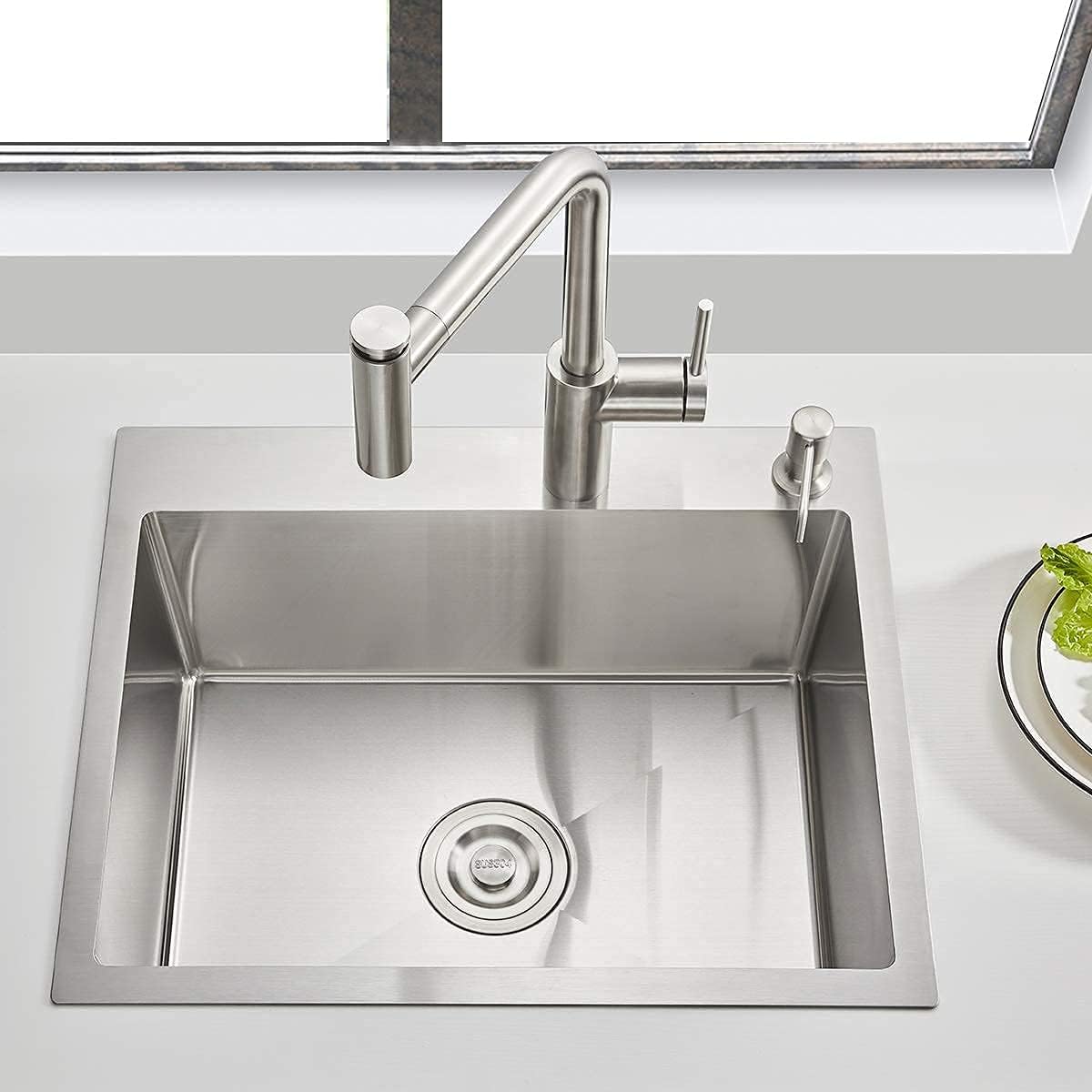 25x18 Inch Kitchen Sink Drop in, Premium T-304 Grade Stainless Steel Sink, 9" Deep Single Bowl with Brushed Finish, R10 Tight Corner, 2 Pre-Drilled Holes, Topmount Sink with Strainer