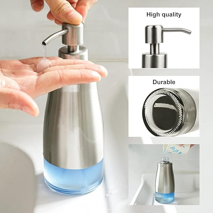 AUMIO Soap Dispenser with Non-Slip Silicone Pad, 2 Pack Kitchen Dish Refillable Liquid Dispensers, Hand Soap Dispenser for Bathroom, Stainless Steel Case Glass Liner Hand Pump Dispenser Silver & Black