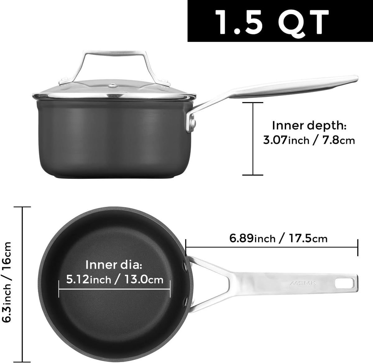 MSMK 1.5 Quart Saucepan with lid, Burnt also Non stick, Induction, Scratch-resistant, Small Cooking Pot
