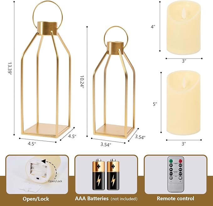 HPC Decor Modern Farmhouse Lantern Decor - 2PCS Gold Metal Candle Lanterns with Waterproof Flickering Candle & Remote Timer, Lanterns Decorative for Living Room, Home, Indoor, Outdoor, Table Decor.