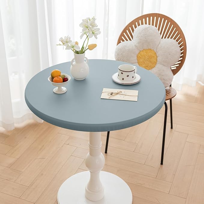 Round Fitted PU Tablecloth with High Elastic Edge 51 Inch Dia Waterproof Oil Proof Table Cloth Anti-Scald Stain-Resistant Wipeable Table Cover for Indoor Outdoor Picnic (Blue,51" Dia)
