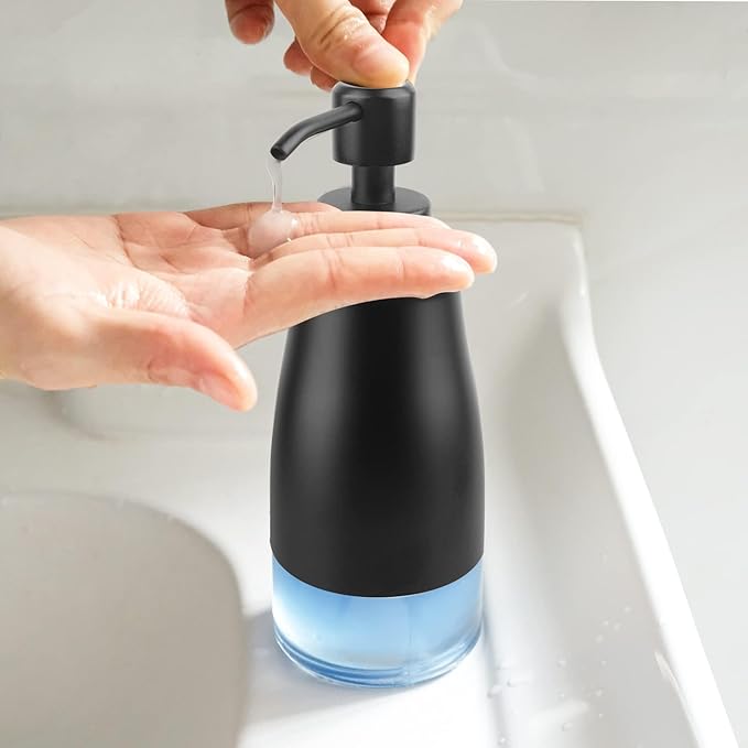 AUMIO Soap Dispenser with Non-Slip Silicone Pad, 2 Pack Kitchen Dish Refillable Liquid Dispensers, Hand Soap Dispenser for Bathroom, Stainless Steel Case Glass Liner Hand Pump Dispenser Silver & Black